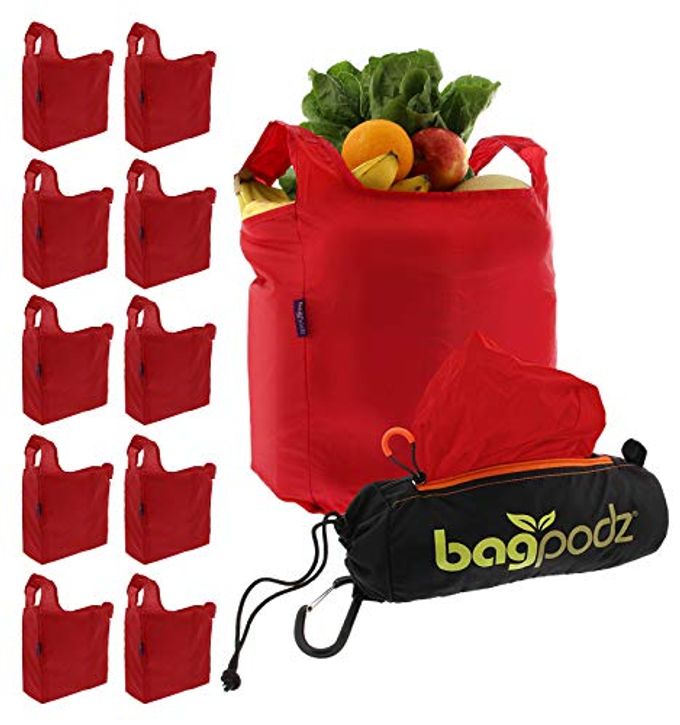 STURDY REUSABLE GROCERY BAGS FOLDABLE AND WASHABLE MADE FROM RIPSTOP NYLON HOLD 50LBS DESIGNED IN USA REUSABLE SHOPPING BAGS INSIDE A COMPACT POD WITH CARRY CLIP 10 PACK IN RED
