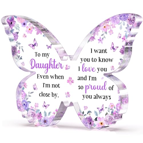 Glydein Daughter Gifts from Mom Dad, Unique Purple Butterfly Acrylic Plaque Desk Decor, Mothers Day Valentines Christmas Birthday Graduation Gifts for Daughter Adult, 5 x 3.8 x 0.5 inches - Image 1