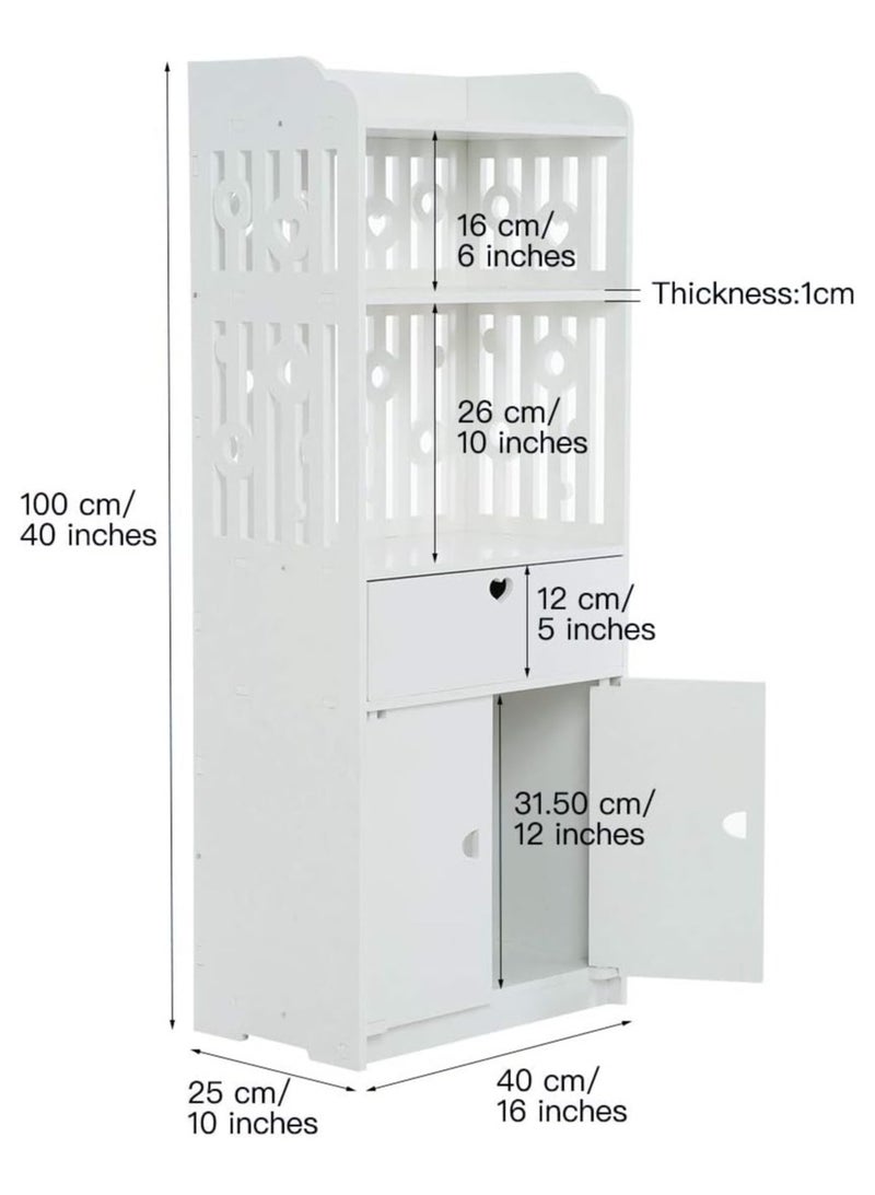 TPGP Waterproof Bathroom Storage Cabinet Floor Standing Organizer Rack Bookcase Shelf White Bathroom Decor Furniture for Living Room Bedroom Silm Shelf Cupboard with Drawer (1 PACK) - Image 2