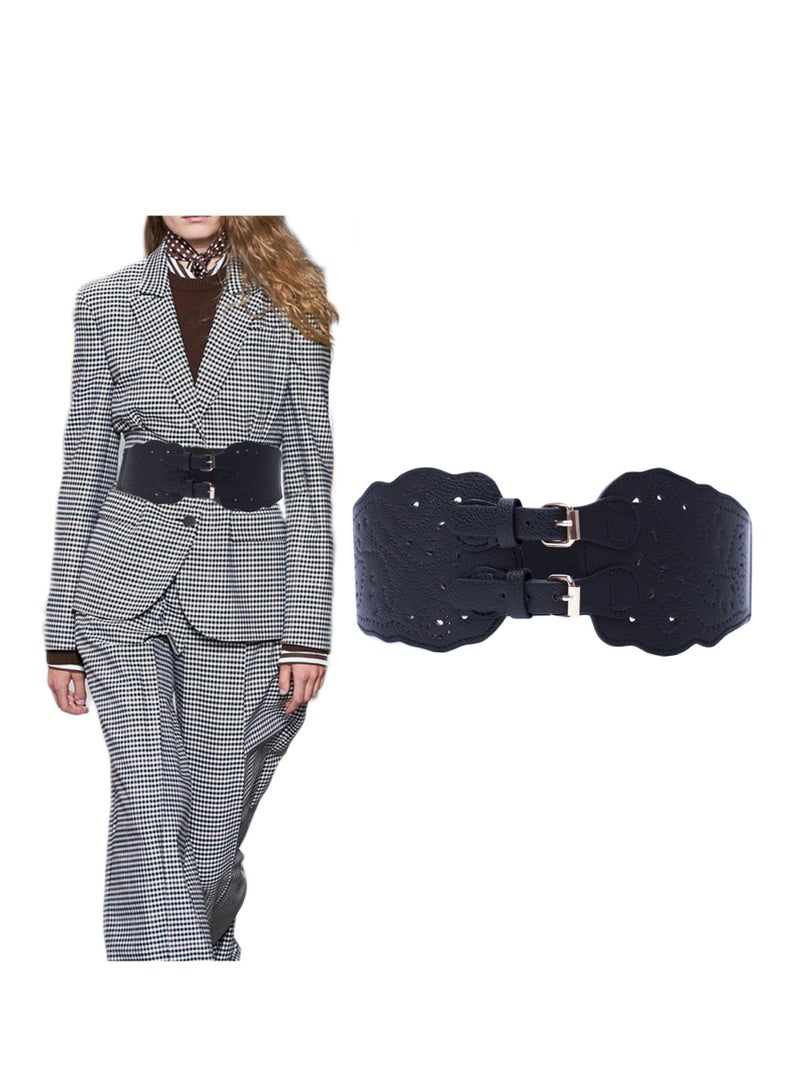 Women Wide Elastic Waist Belt Vintage Buckle Leather Elastic Stretchy Corset Cinch Belt  - Image 1