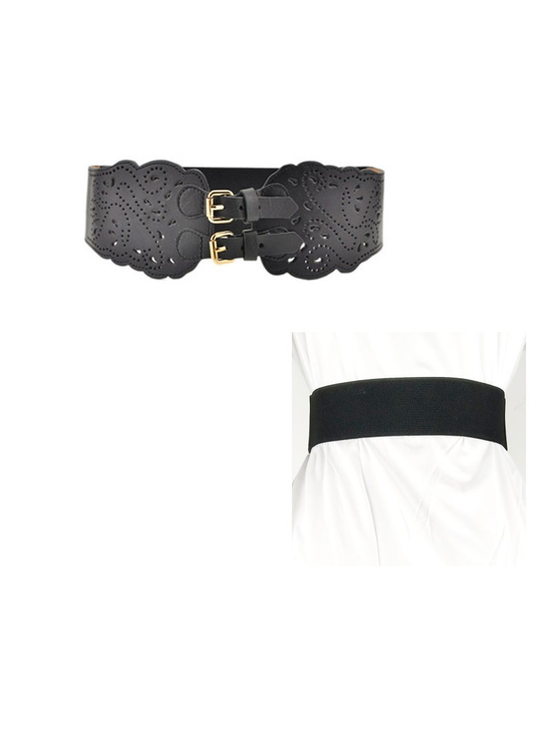Women Wide Elastic Waist Belt Vintage Buckle Leather Elastic Stretchy Corset Cinch Belt  - Image 3