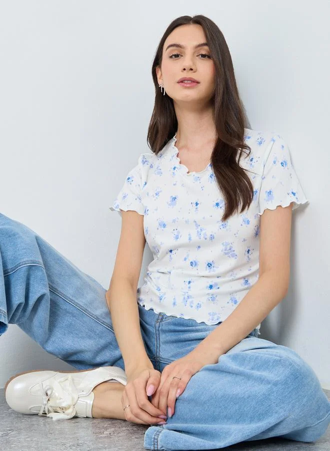 Take Two Take Two Graphic Ditsy Printed Ribbed T-Shirt