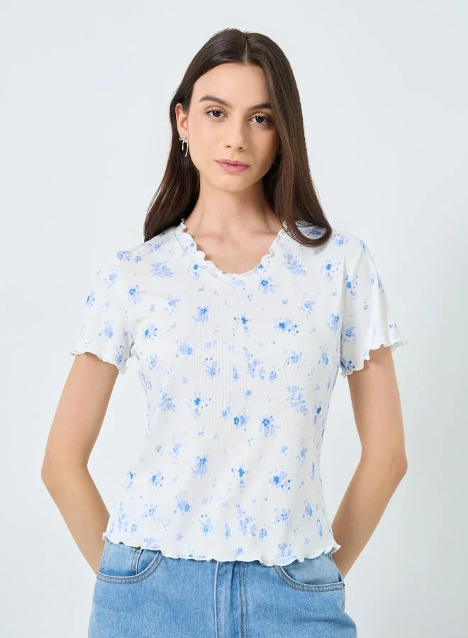 Take Two Take Two Graphic Ditsy Printed Ribbed T-Shirt