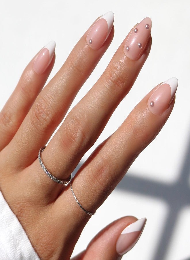 Glamnetic x GLAMZILLA Press On Nails - ALWAYS & FOREVER | Short Almond French Tip Fake Nails with 3D Pearls, Salon Quality Wedding Nails | 15 Sizes - 30 Nail Kit with Glue - Image 1