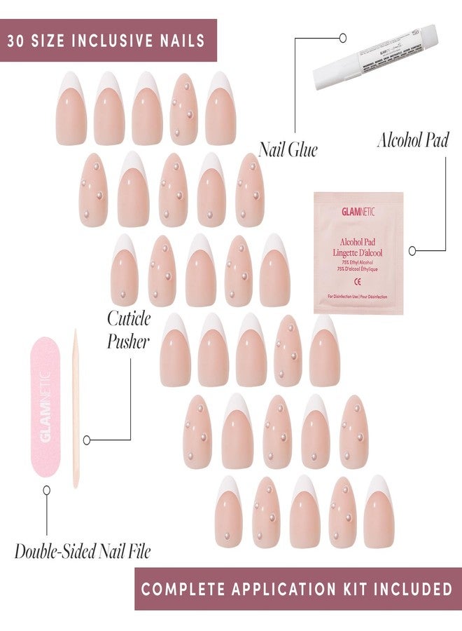 Glamnetic x GLAMZILLA Press On Nails - ALWAYS & FOREVER | Short Almond French Tip Fake Nails with 3D Pearls, Salon Quality Wedding Nails | 15 Sizes - 30 Nail Kit with Glue - Image 4