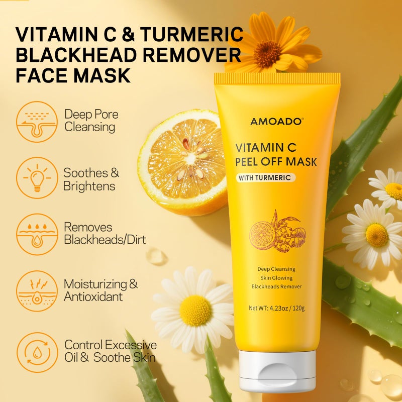 AMOADO Blackhead Remover Mask, Peel Off Face Mask with Vitamin C & Turmeric for Men and Womenâ€“Deep Cleansing Nose Facial Mask for Blackheads, Pores & Oil Control with Pimple Extractor and Brush - Image 4