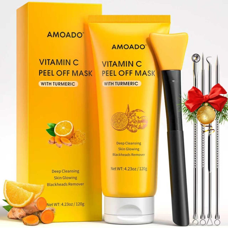 AMOADO Blackhead Remover Mask, Peel Off Face Mask with Vitamin C & Turmeric for Men and Womenâ€“Deep Cleansing Nose Facial Mask for Blackheads, Pores & Oil Control with Pimple Extractor and Brush - Image 1
