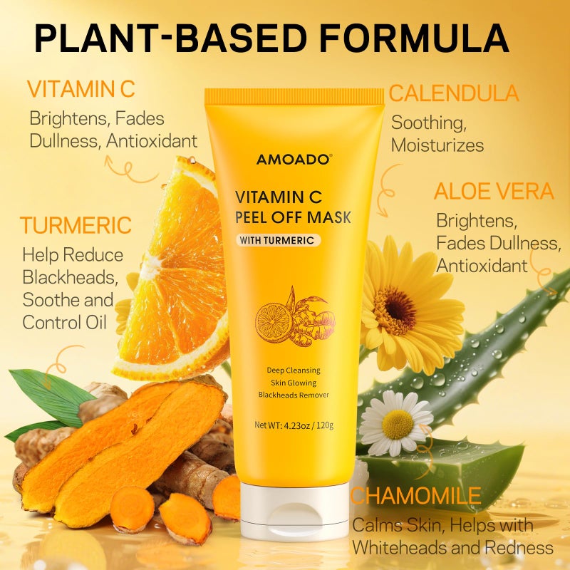 AMOADO Blackhead Remover Mask, Peel Off Face Mask with Vitamin C & Turmeric for Men and Womenâ€“Deep Cleansing Nose Facial Mask for Blackheads, Pores & Oil Control with Pimple Extractor and Brush - Image 3
