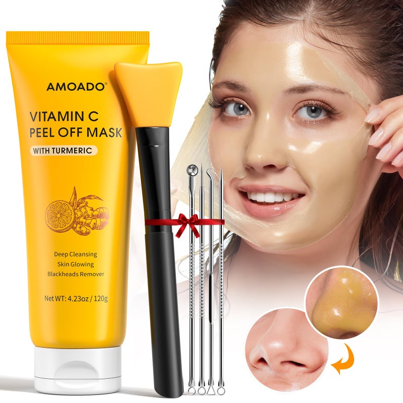 AMOADO Blackhead Remover Mask, Peel Off Face Mask with Vitamin C & Turmeric for Men and Womenâ€“Deep Cleansing Nose Facial Mask for Blackheads, Pores & Oil Control with Pimple Extractor and Brush - Image 5