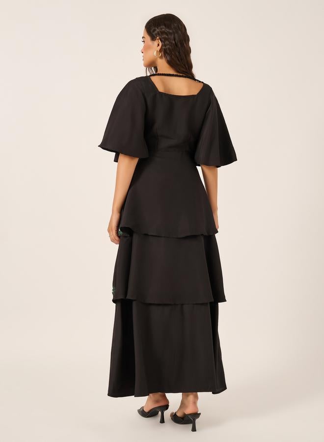 Styli Embroidered Elbow Sleeves Tiered Maxi Dress - Image 5