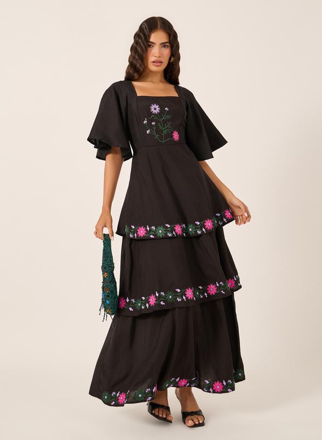 Styli Embroidered Elbow Sleeves Tiered Maxi Dress - Image 2