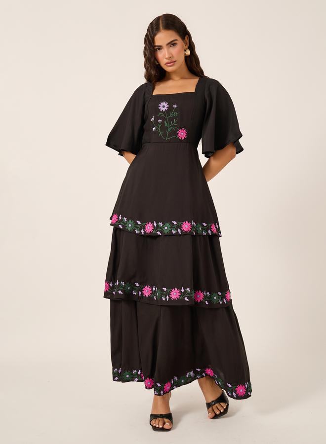 Styli Embroidered Elbow Sleeves Tiered Maxi Dress - Image 1