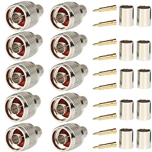 Riotaxy Pack of 10 N Male Plug Crimp Connector 50 ohm for LMR400 Belden 9913 RG8 Nickel Machined Brass Construction (10 Piece N Male for lmr400) - Image 1
