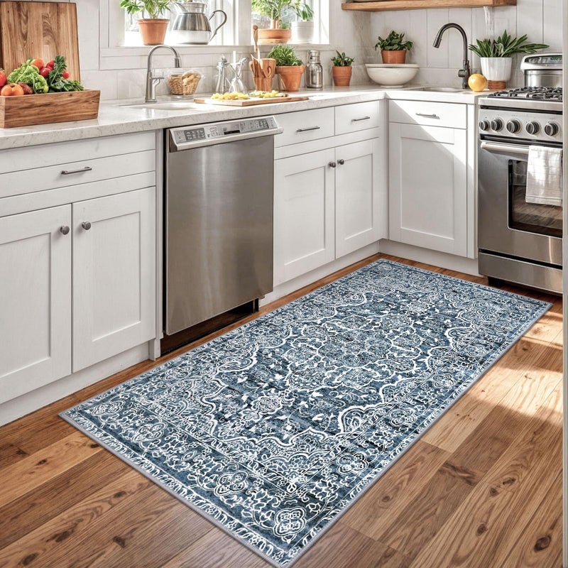 KUTA 3x5 Entryway Rug Non-Slip Washable Area Rugs, Vintage Floral Kitchen Rugs Blue White, Ultra Soft Printed Medallion Tribal Entry Low-Pile Carpet for Entrance Bedroom Nursery Dorm DÃ©cor - Image 2