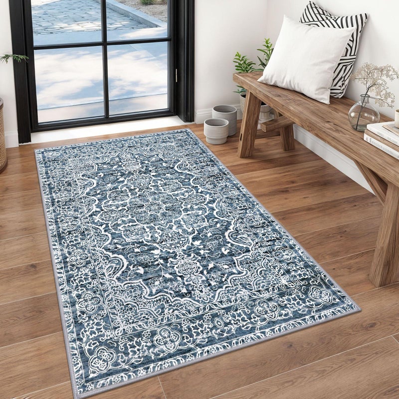 KUTA 3x5 Entryway Rug Non-Slip Washable Area Rugs, Vintage Floral Kitchen Rugs Blue White, Ultra Soft Printed Medallion Tribal Entry Low-Pile Carpet for Entrance Bedroom Nursery Dorm DÃ©cor - Image 1