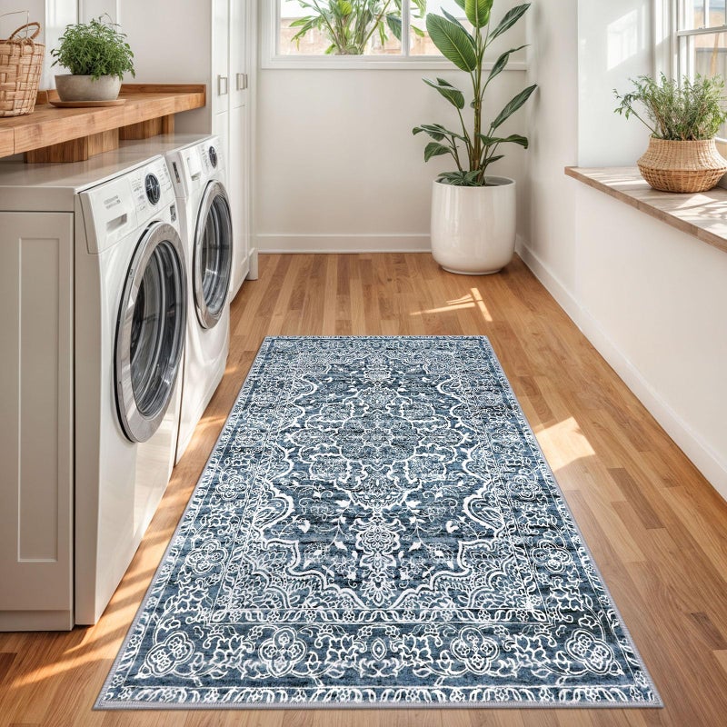 KUTA 3x5 Entryway Rug Non-Slip Washable Area Rugs, Vintage Floral Kitchen Rugs Blue White, Ultra Soft Printed Medallion Tribal Entry Low-Pile Carpet for Entrance Bedroom Nursery Dorm DÃ©cor - Image 3