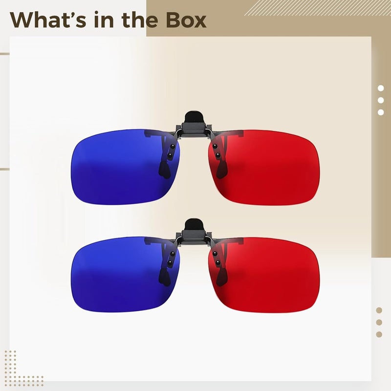 Red-Blue 3D Glasses, Clip-On, Tv Movies, 2 Pcs, Black Frame, Blue Red Lenses, Tr Frame, 1.6 X 5.2 X 2.4 In（4.1 X 13.2 X 6 Cm） - Image 2