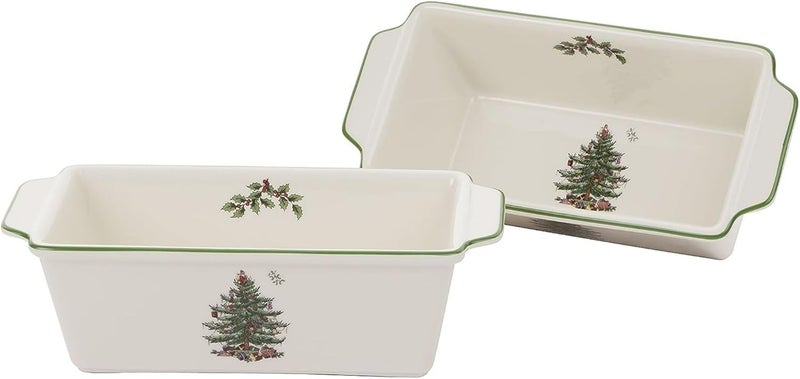 Spode Christmas Tree Loaf Pan Set of 2  NonStick Earthenware Bread Pan for Baking Holiday Bakeware Banana Bread Meatloaf Pound Cake Dishwasher and Oven Safe 775 x 35 - Image 1