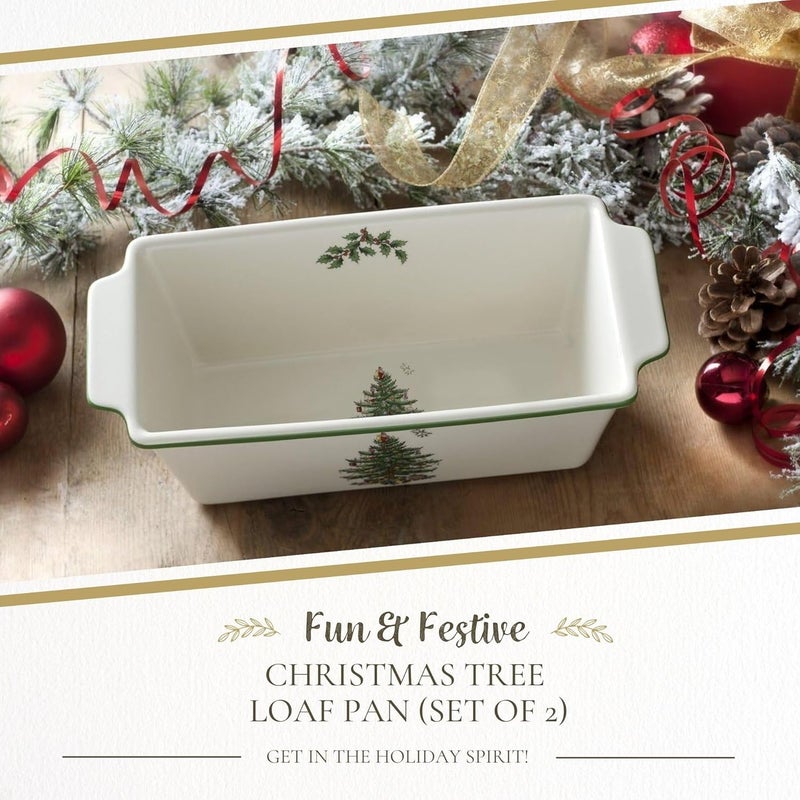 Spode Christmas Tree Loaf Pan Set of 2  NonStick Earthenware Bread Pan for Baking Holiday Bakeware Banana Bread Meatloaf Pound Cake Dishwasher and Oven Safe 775 x 35 - Image 2