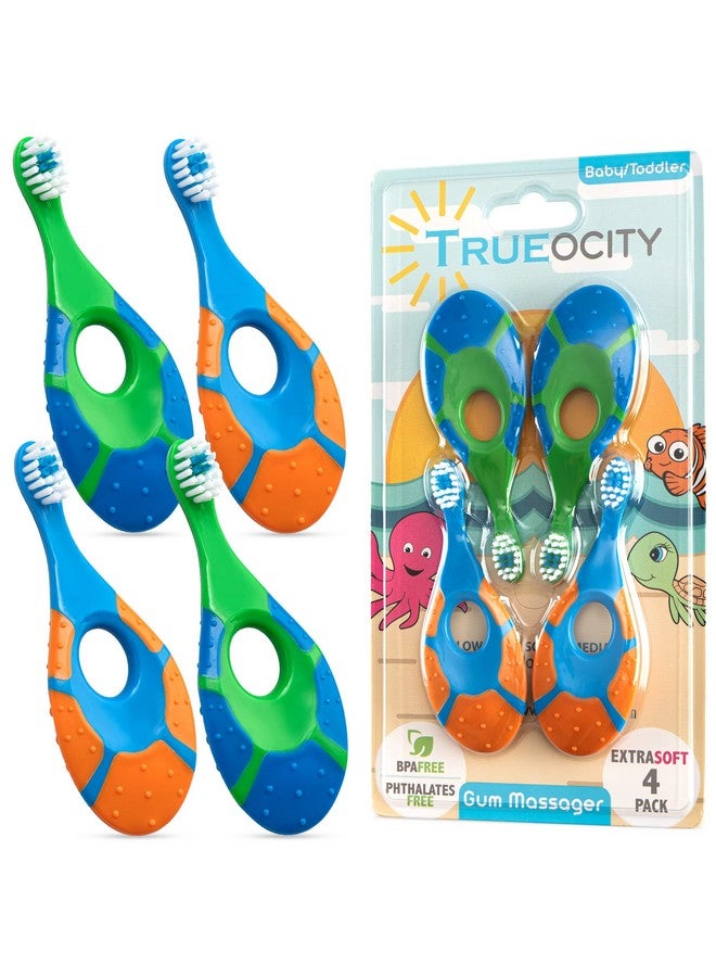 Trueocity Baby Toddler Toothbrush 4 Pack, Soft Bristles, Teething Finger Handle Toothbrushes For 0-2 Years - Training First Set (Blue, Green, Orange) - Bpa Free - Image 1