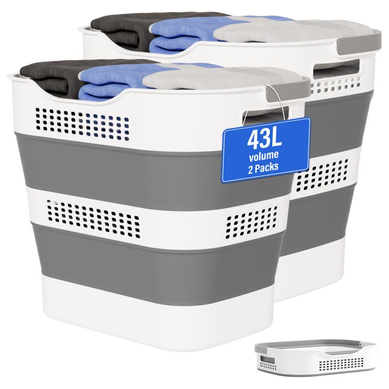 OOAMBB 43L+43L Collapsible Laundry Baskets plastic, Pop Up Laundry hamper/Storage Container, Foldable Laundry Basket with Handles, Durable,Space Saver (Grey, 2 Packs) - Image 1