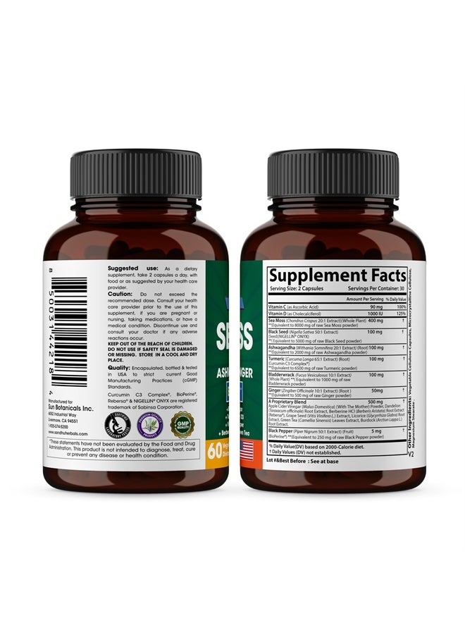 SANDHUHERBALS - Sandhu Herbals Sea Moss 8000mg Black Seed Oil 5000mg Ashwagandha 2000mg Ginger 500mg Burdock Root, Turmeric 6500mg,Black Pepper 250mg | All in 1 Supplement, 60 Capsules | Made in USA - Image 1