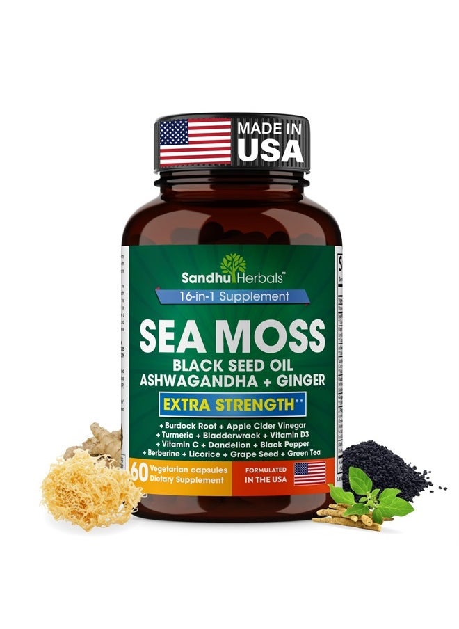 SANDHUHERBALS - Sandhu Herbals Sea Moss 8000mg Black Seed Oil 5000mg Ashwagandha 2000mg Ginger 500mg Burdock Root, Turmeric 6500mg,Black Pepper 250mg | All in 1 Supplement, 60 Capsules | Made in USA - Image 1