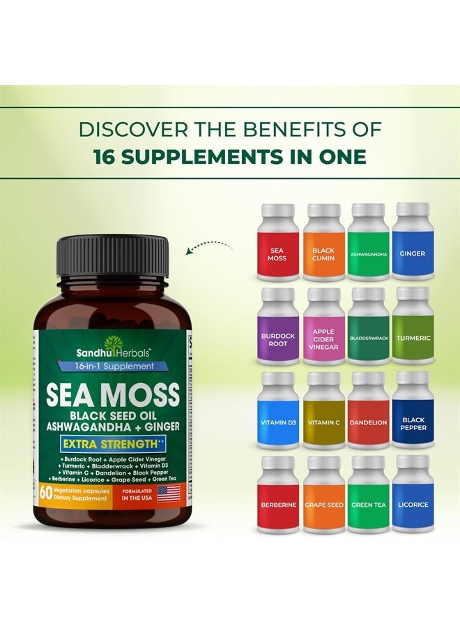 SANDHUHERBALS - Sandhu Herbals Sea Moss 8000mg Black Seed Oil 5000mg Ashwagandha 2000mg Ginger 500mg Burdock Root, Turmeric 6500mg,Black Pepper 250mg | All in 1 Supplement, 60 Capsules | Made in USA - Image 1