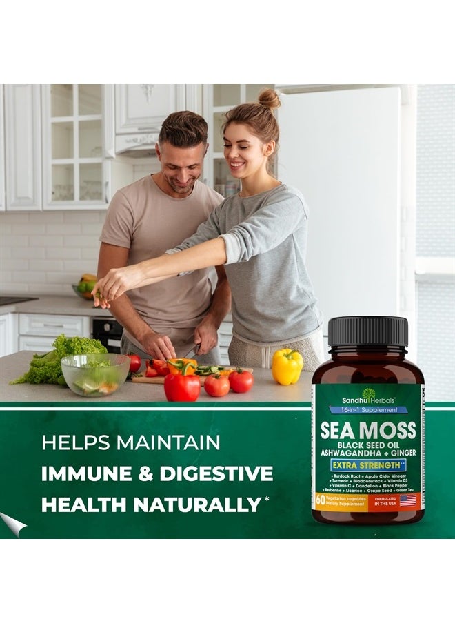 SANDHUHERBALS - Sandhu Herbals Sea Moss 8000mg Black Seed Oil 5000mg Ashwagandha 2000mg Ginger 500mg Burdock Root, Turmeric 6500mg,Black Pepper 250mg | All in 1 Supplement, 60 Capsules | Made in USA - Image 1