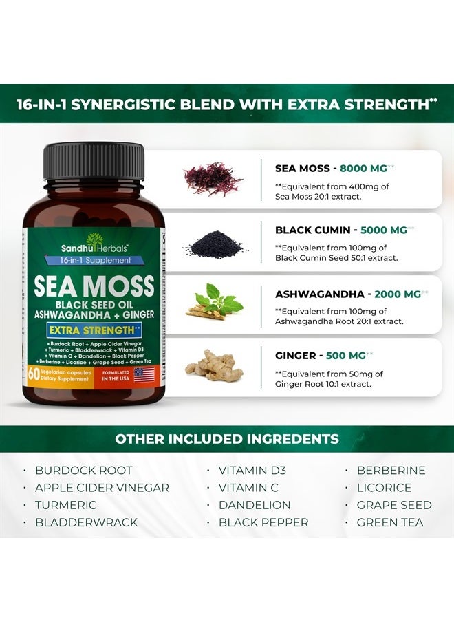 SANDHUHERBALS - Sandhu Herbals Sea Moss 8000mg Black Seed Oil 5000mg Ashwagandha 2000mg Ginger 500mg Burdock Root, Turmeric 6500mg,Black Pepper 250mg | All in 1 Supplement, 60 Capsules | Made in USA - Image 1