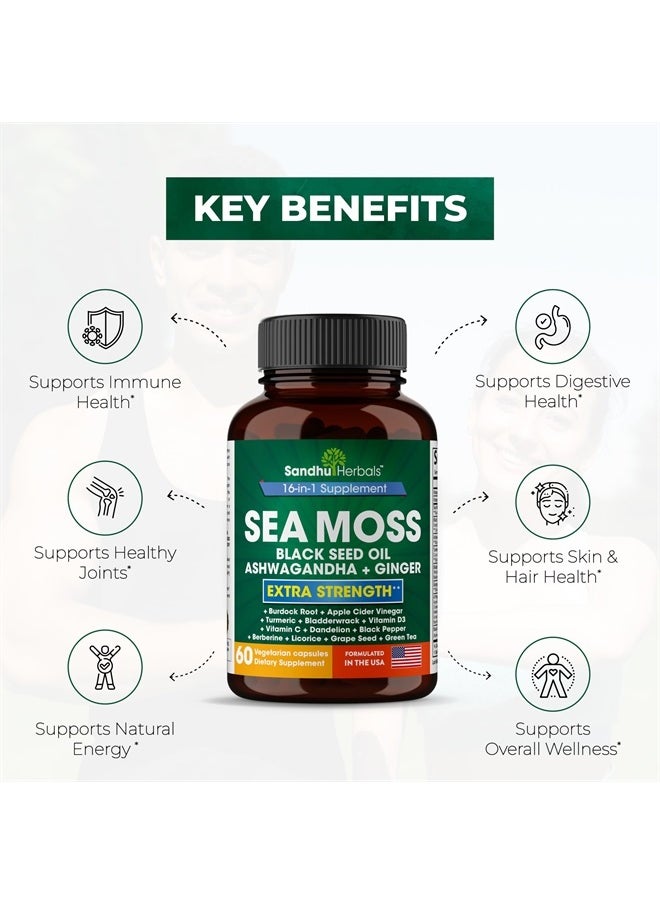 SANDHUHERBALS - Sandhu Herbals Sea Moss 8000mg Black Seed Oil 5000mg Ashwagandha 2000mg Ginger 500mg Burdock Root, Turmeric 6500mg,Black Pepper 250mg | All in 1 Supplement, 60 Capsules | Made in USA - Image 1