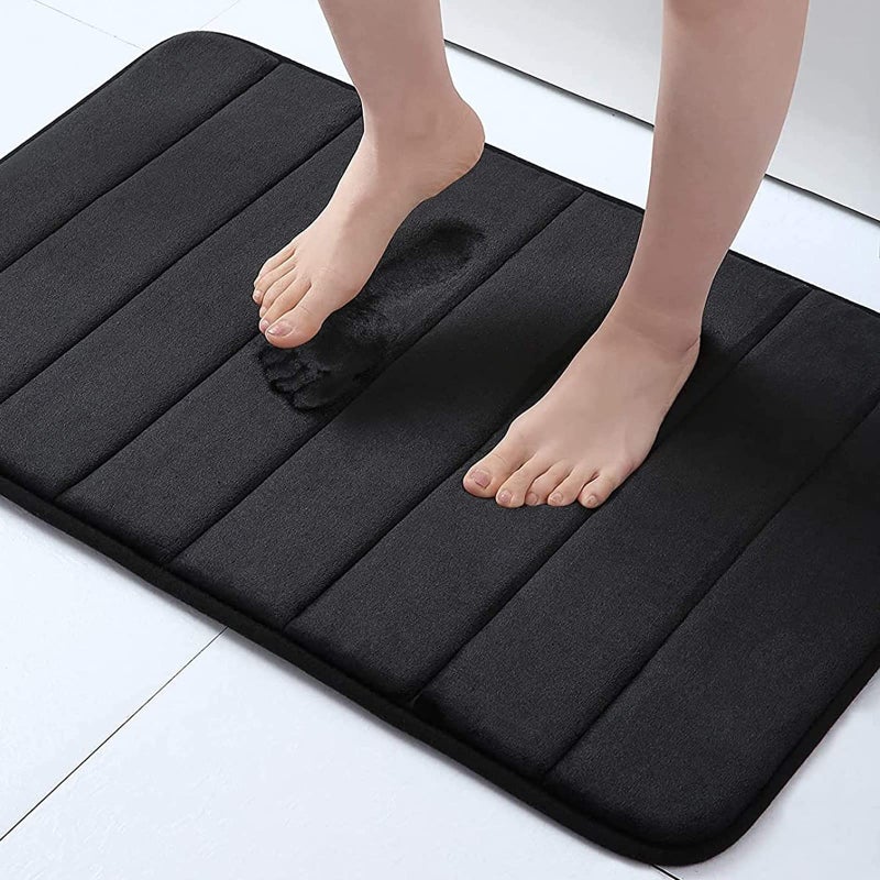 Buganda سجادة حمام Buganda Memory Foam مقاس 24 بوصة × 16 بوصة، سجادة حمام فائقة النعومة وغير قابلة للانزلاق، ماصة للماء وقابلة للغسل في الغسالة للحمام والدش وحوض الاستحمام، باللون الأسود - Image 1