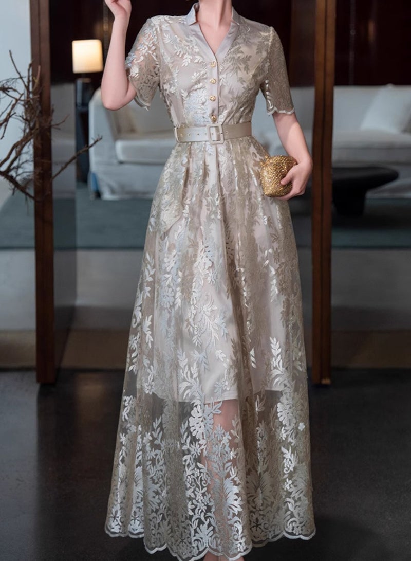 إسكدنيا فستان سهره نسائي أنيق طويل بتصميم خفيف وفاخر مع تطريزات فاخرة من الشيفون. - Image 1