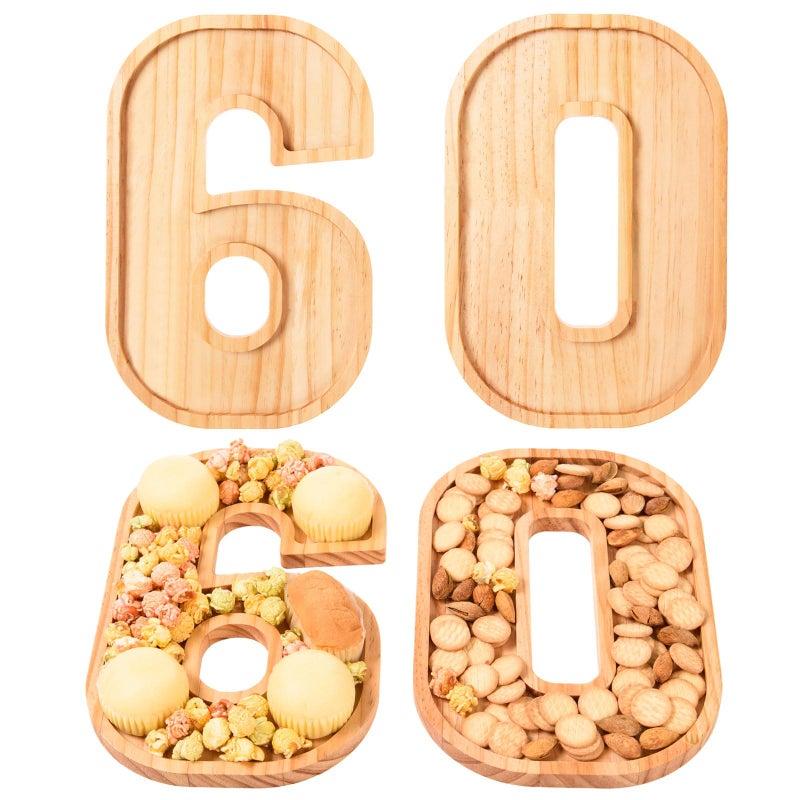 AWIZOM Wooden Charcuterie Boards Number 60 Pine Wood Serving Platters Decorative Serving Trays Number Wooden Snack Dish Plates for 60th Birthday Congrats Anniversary Party Supplies Favor,11.81" - Image 1