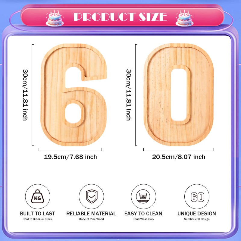 AWIZOM Wooden Charcuterie Boards Number 60 Pine Wood Serving Platters Decorative Serving Trays Number Wooden Snack Dish Plates for 60th Birthday Congrats Anniversary Party Supplies Favor,11.81" - Image 2
