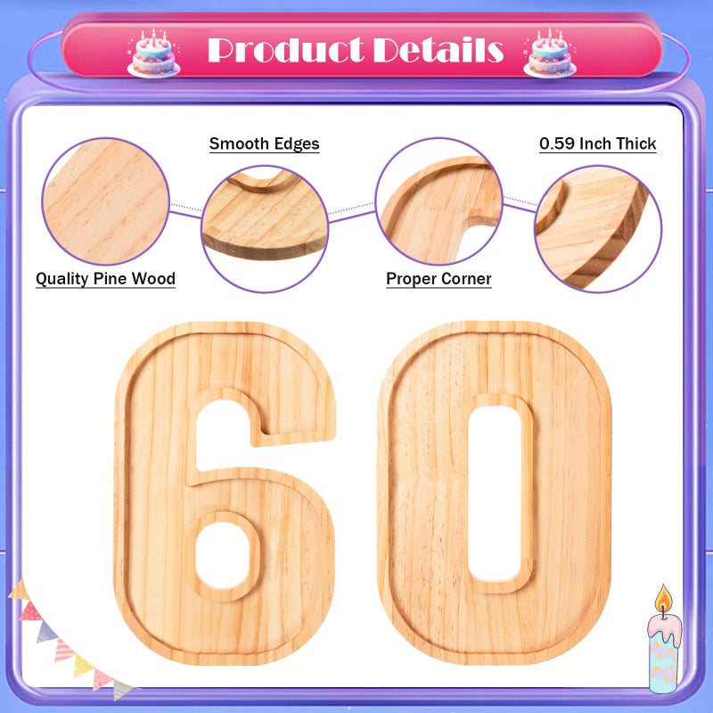 AWIZOM Wooden Charcuterie Boards Number 60 Pine Wood Serving Platters Decorative Serving Trays Number Wooden Snack Dish Plates for 60th Birthday Congrats Anniversary Party Supplies Favor,11.81" - Image 3