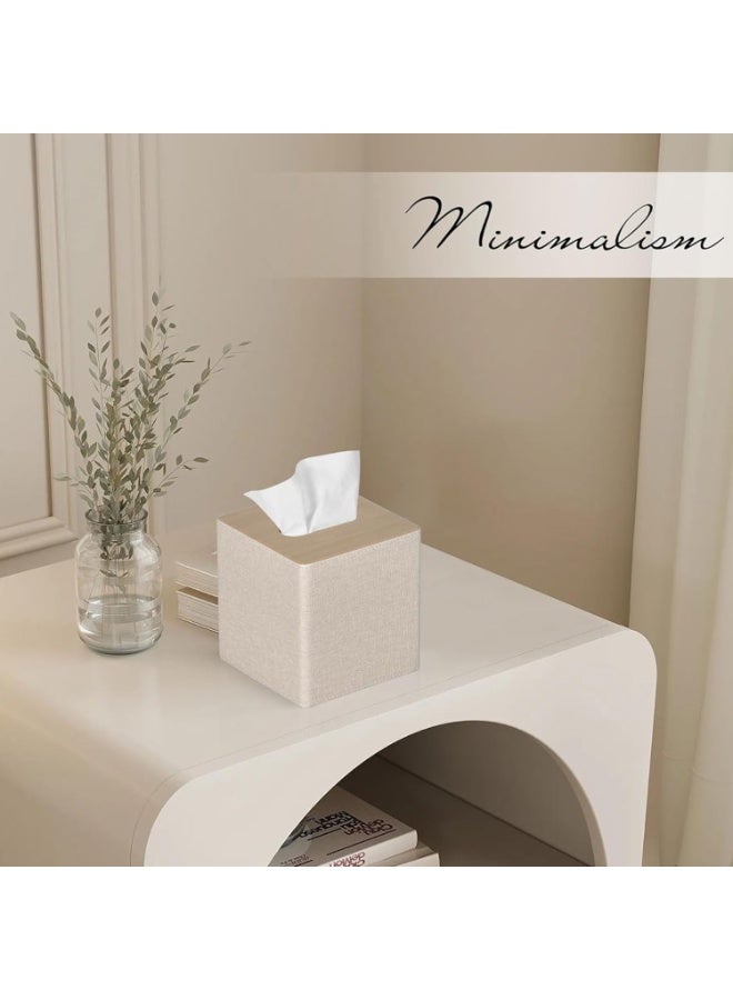 Tissue Box Cover Square PU Leather Facial Tissue Box Holder for Dresser Bathroom Decor (Beige) - Image 2