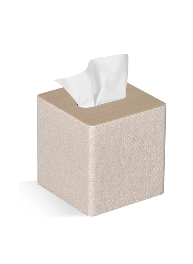 Tissue Box Cover Square PU Leather Facial Tissue Box Holder for Dresser Bathroom Decor (Beige) - Image 1