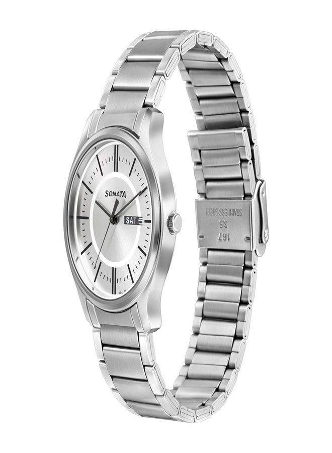 Sonata Essentials Quartz Analog with Day and Date Silver Dial Silver Stainless Steel Strap Watch for Men - NT77082SM02W - Image 2