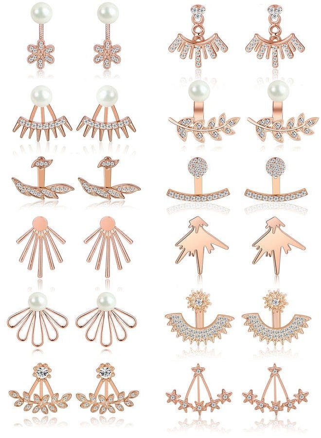 Tornito 6-12 Pairs Lotus Flower Earring Studs Chic CZ Earrings Jackets For Women Silver Rose Gold Tone, Rose Gold, Cubic Zirconia - Image 1