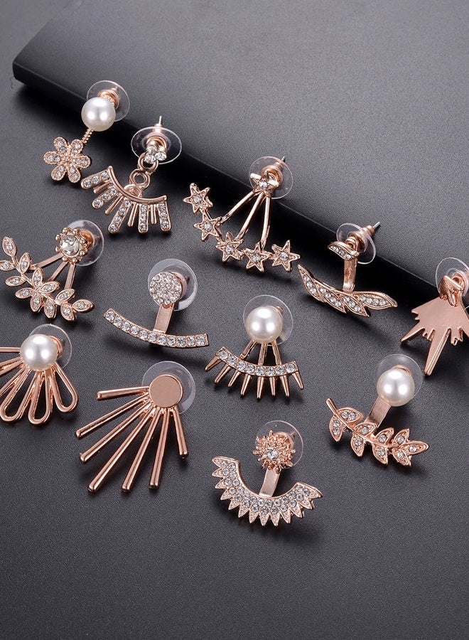 Tornito 6-12 Pairs Lotus Flower Earring Studs Chic CZ Earrings Jackets For Women Silver Rose Gold Tone, Rose Gold, Cubic Zirconia - Image 5