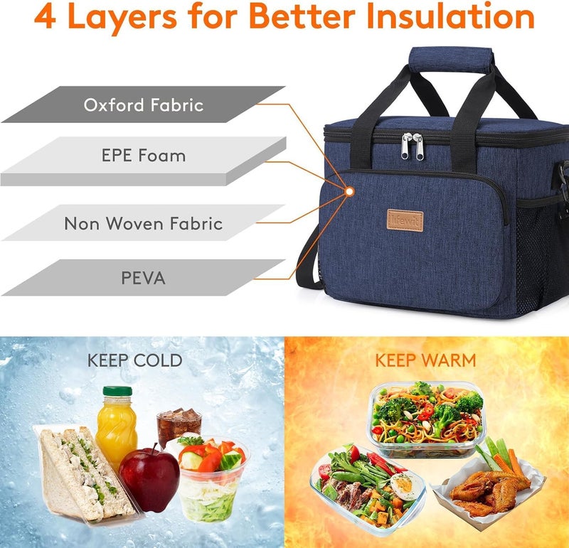 Medium Lunch Bag Insulated Lunch Box Soft Cooler Cooling Tote for Adult Men Women, 9L (12-Can), Dark Blue - Image 3