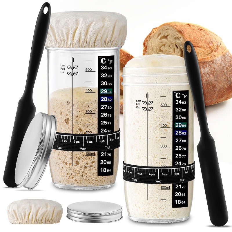 Mfacoy Glass Sourdough Starter Jar 2 Pack, 24 oz Wide Mouth Organic Sourdough Starter Kit with Date Marked Band, Thermometer, Cloth Cover & Metal Lid, Reusable Bread Baking Supplies, Bread Making Accessories - Image 1