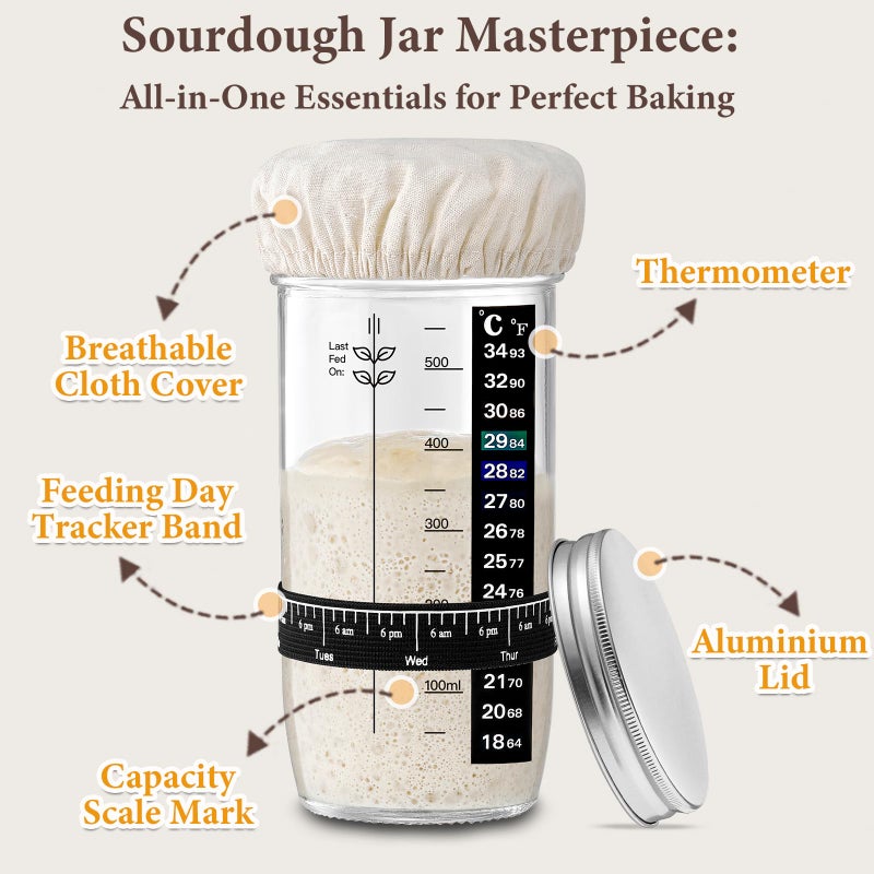 Mfacoy Glass Sourdough Starter Jar 2 Pack, 24 oz Wide Mouth Organic Sourdough Starter Kit with Date Marked Band, Thermometer, Cloth Cover & Metal Lid, Reusable Bread Baking Supplies, Bread Making Accessories - Image 2