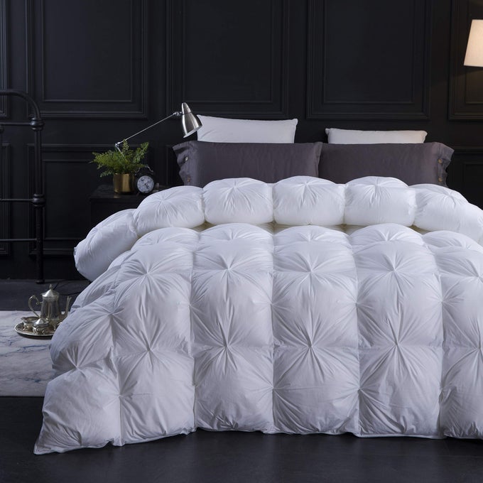 PINCH PLEAT WATERFOWL FEATHERS AND DOWN COMFORTER CAL KING SIZE DUVET INSERT750 FILL POWER1200TC 100 COTTON PREMIUM ALL SEASONS WHITE WARM HOTEL COMFORTER WITH 8 TABS