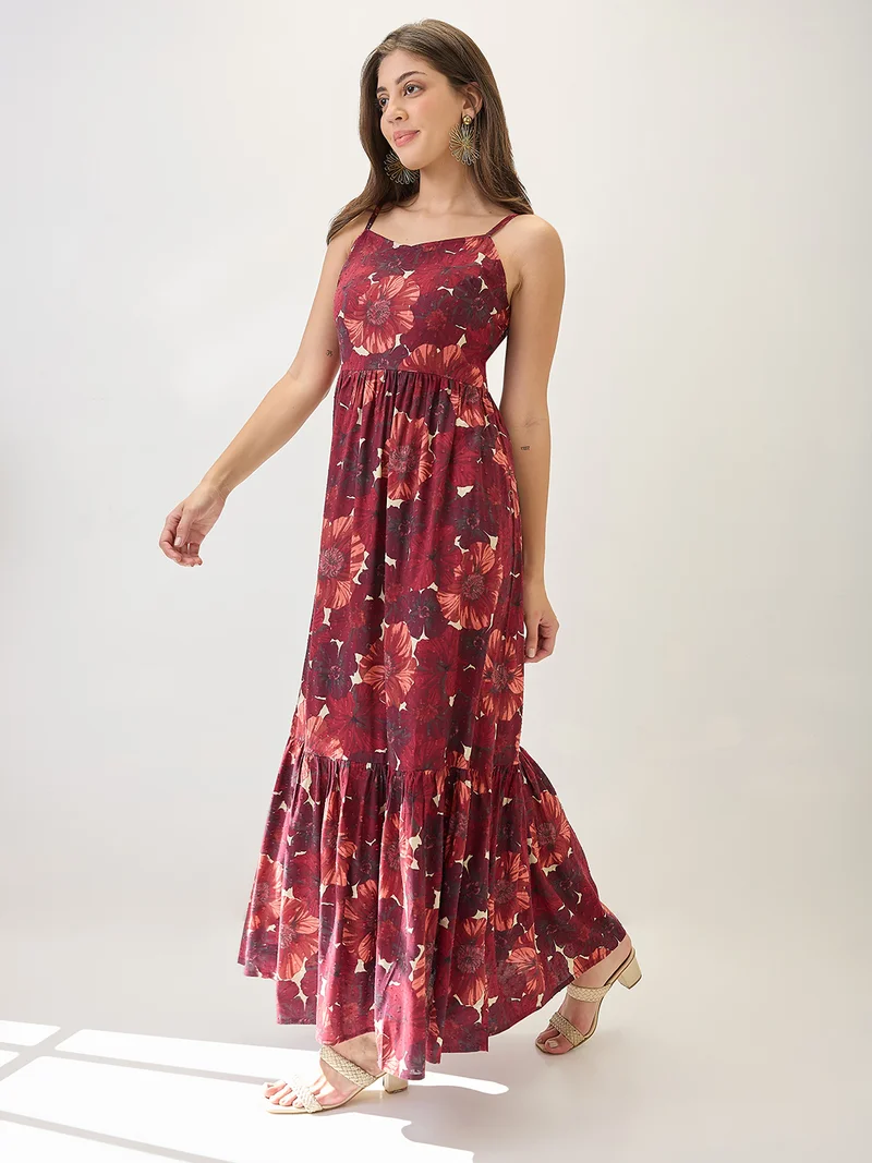 globus Globus Women Floral Printed V-Neck Strappy Sleeves Tiered Fit & Flare Maxi Dress