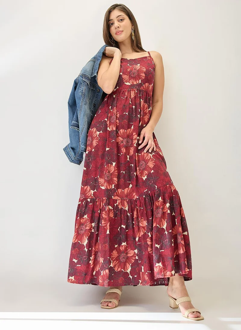 Globus Globus Women's Burgundy Floral Casual Dress with V-Neck and Smocked Bodice