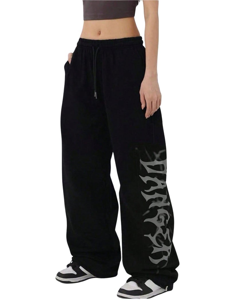 Verdusa Women's Wide Leg Pants Baggy Gothic Graphic Sweatpants Fall Clothes Long Pants Streetwear Black Medium - Image 1