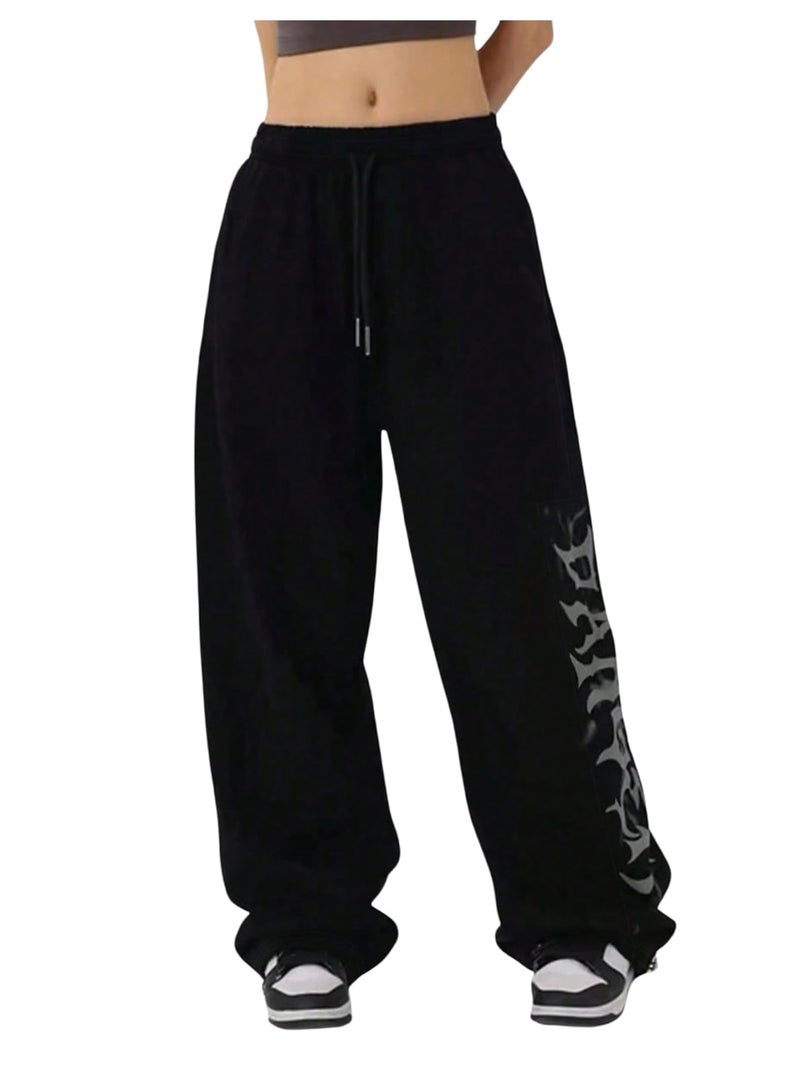 Verdusa Women's Wide Leg Pants Baggy Gothic Graphic Sweatpants Fall Clothes Long Pants Streetwear Black Medium - Image 3