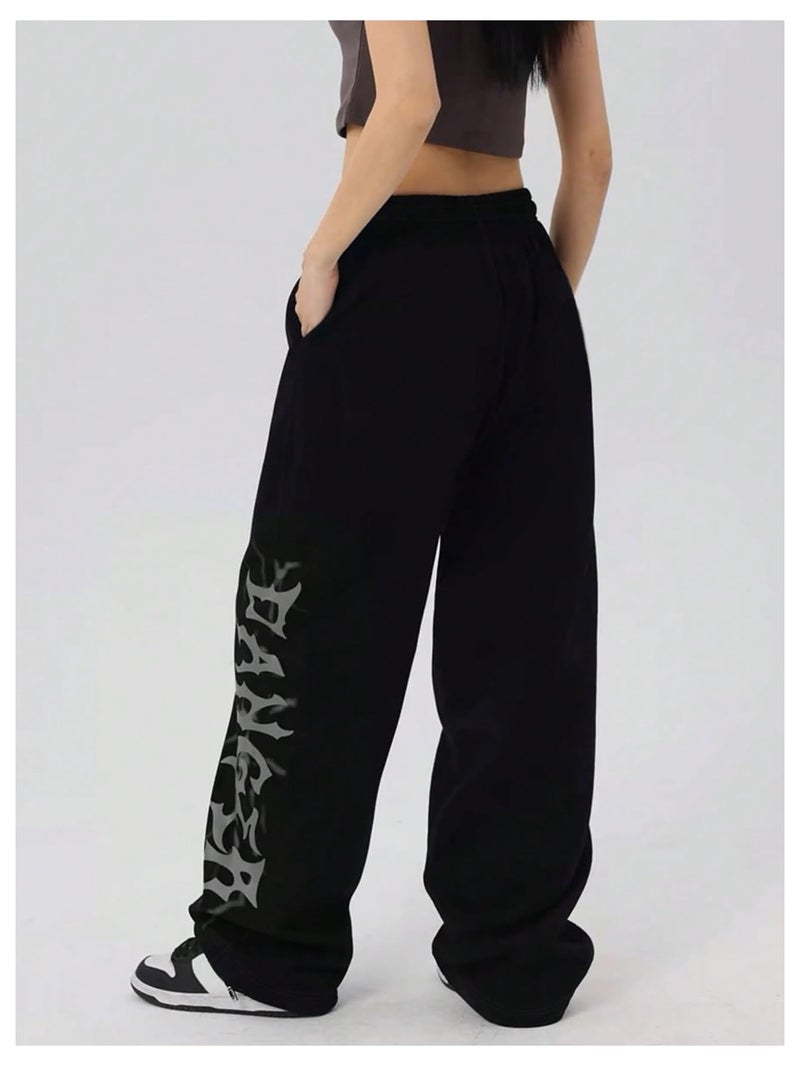 Verdusa Women's Wide Leg Pants Baggy Gothic Graphic Sweatpants Fall Clothes Long Pants Streetwear Black Medium - Image 2